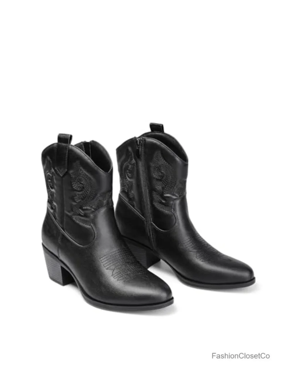 Faux Leather Embroidered Western Cowboy Ankle Boots Low Chunky Heel